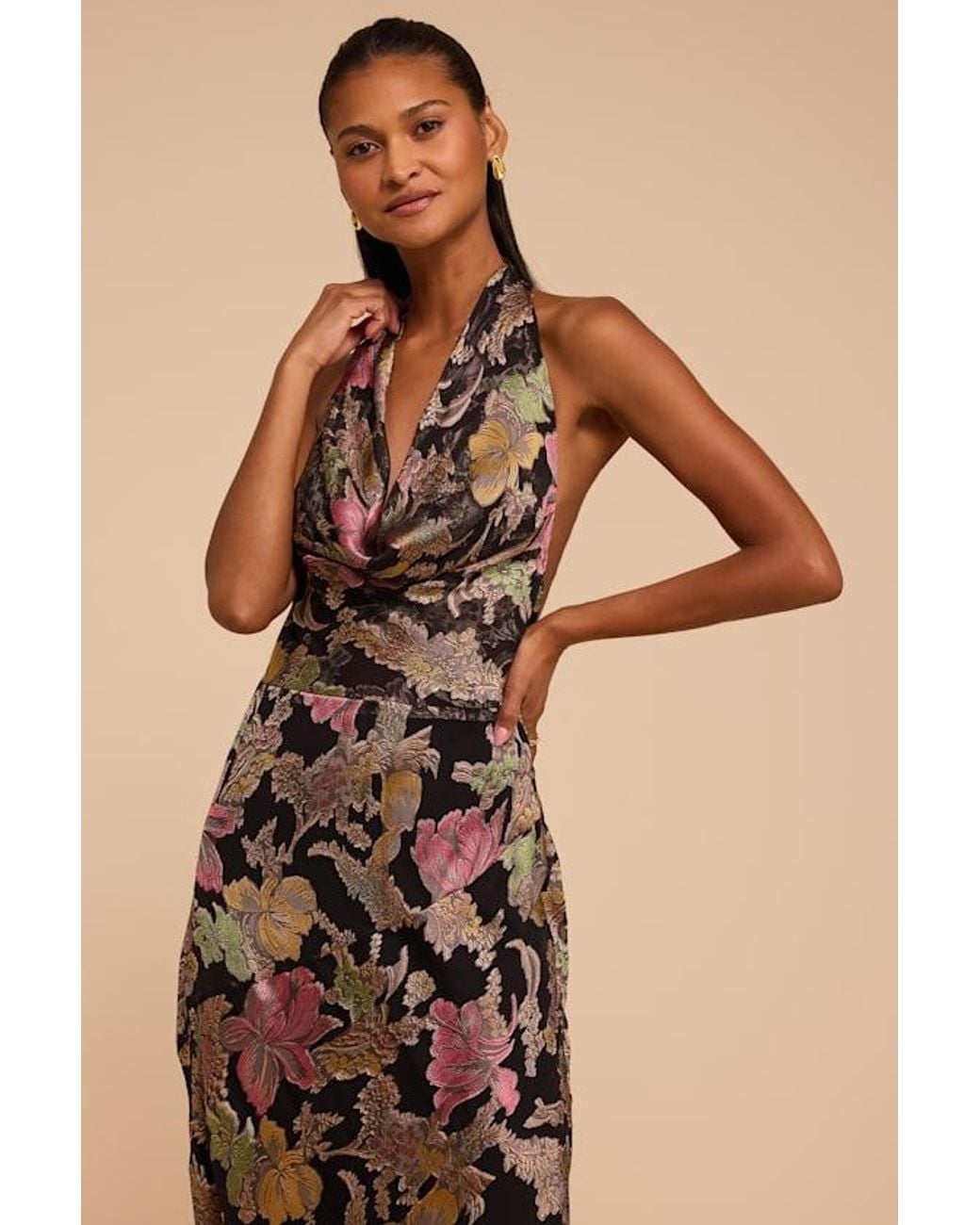 Lulus Natural Mariposa Floral Burnout Cowl Maxi Dress