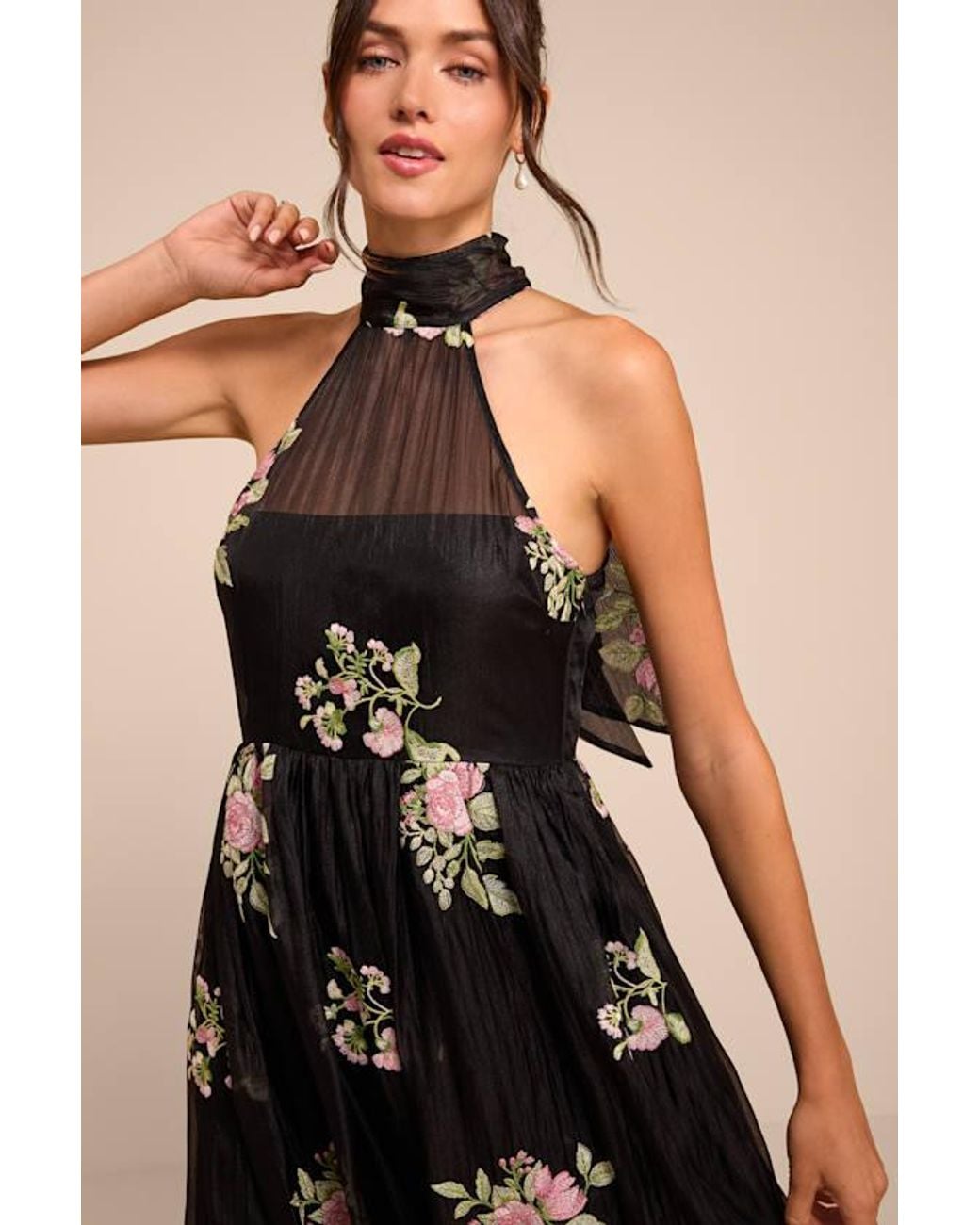 Lulus Black Kira Embroidered Halter Midi Dress