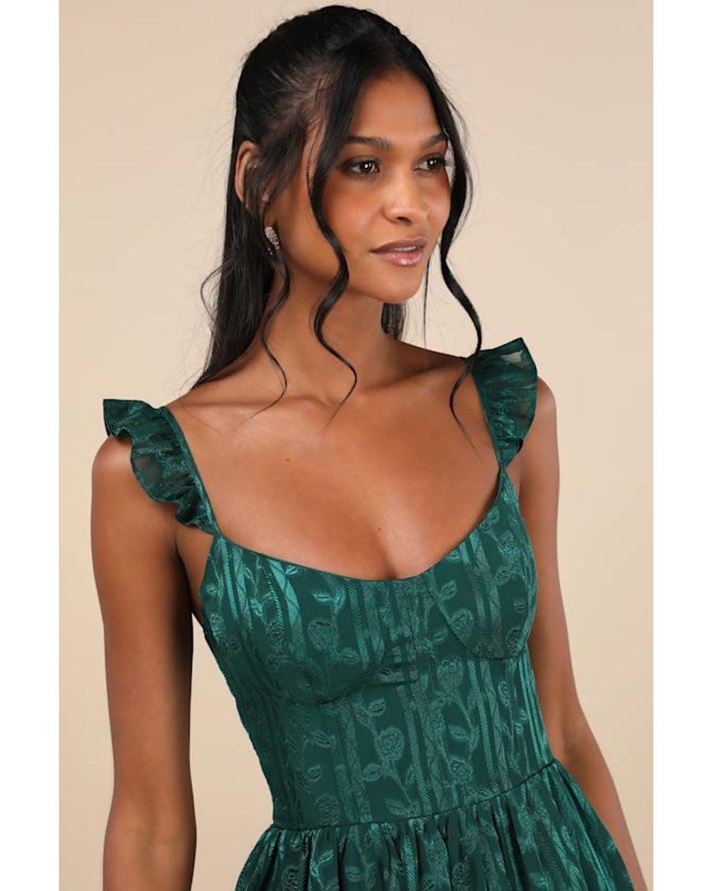 Lulus Green Stunning Glory Hunter Floral Jacquard Tiered Maxi Dress