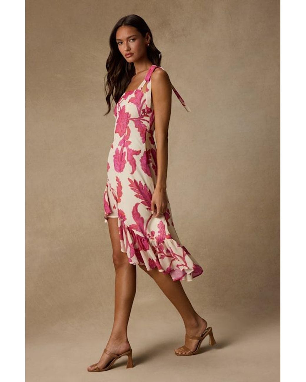 Lulus Red Tamryn Floral Asymmetrical Ruffled Midi Dress