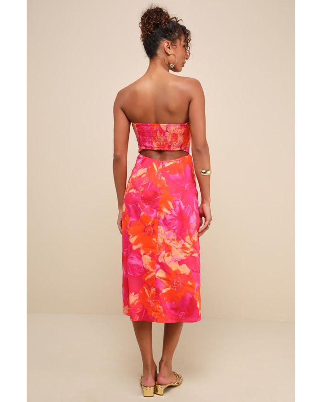 Lulus Pink Bold Tendencies Floral Strapless Cutout Midi Dress