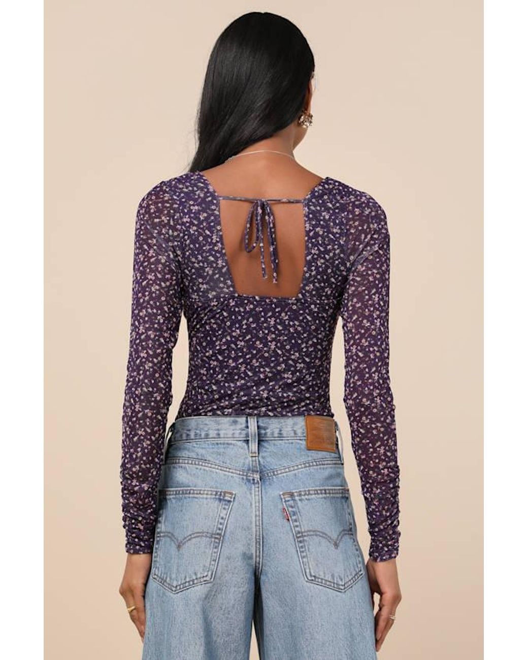 Lulus Blue Adoring Desire Dark Floral Print Mesh Ruched Bodysuit
