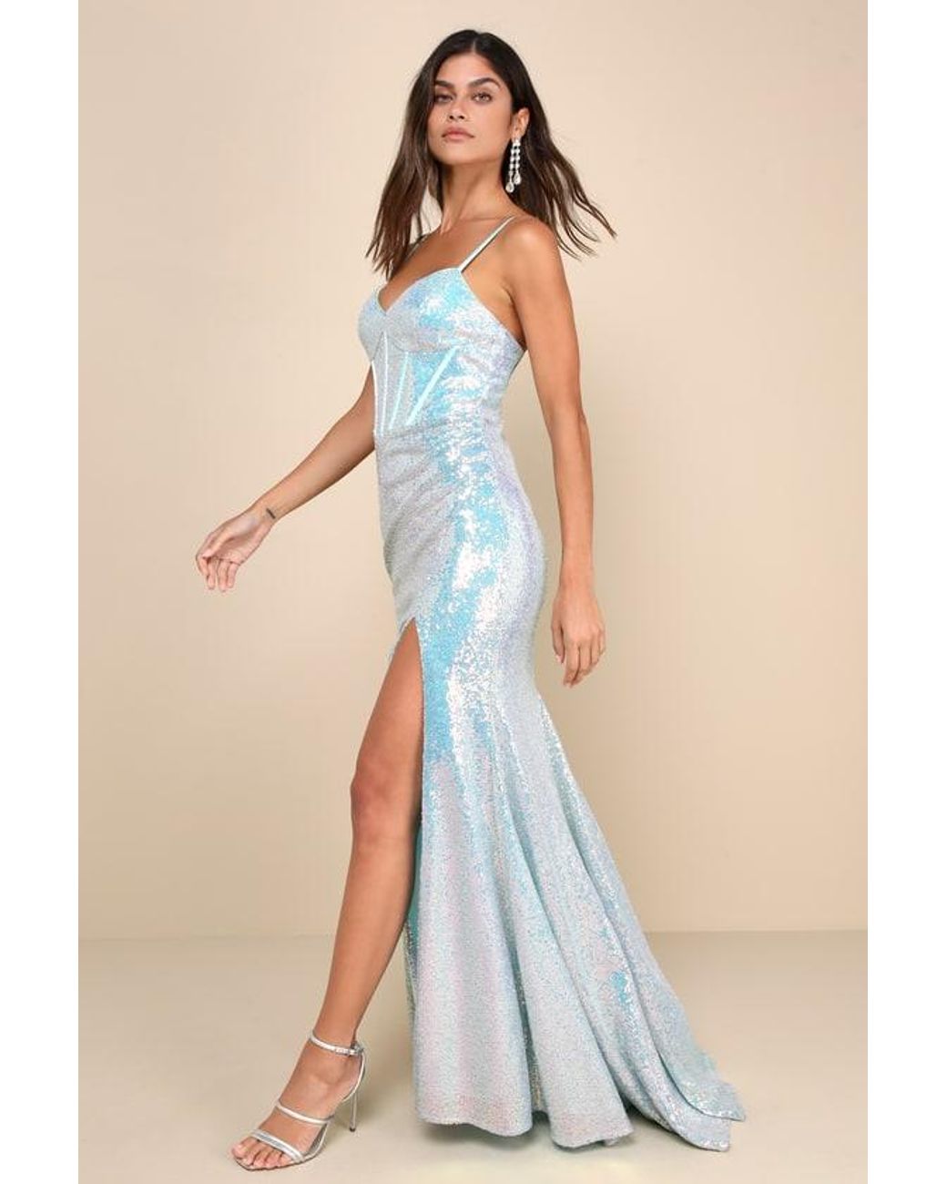 dark blue iridescent dress Blue Turkey Feather Long Train Mermaid Iridescent Sequin Prom Dress main image 0