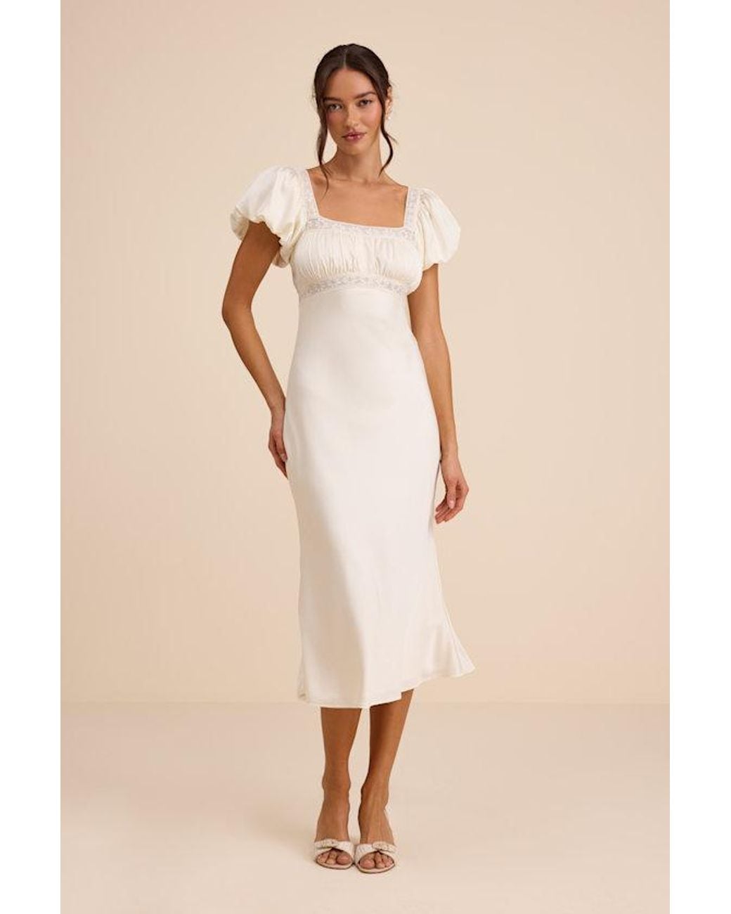 Lulus Natural Catherine Satin Puff Sleeve Slip Midi Dress