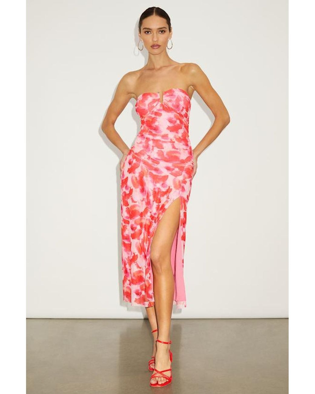 Lulus Red Chania Multi Abstract Strapless Midi Dess