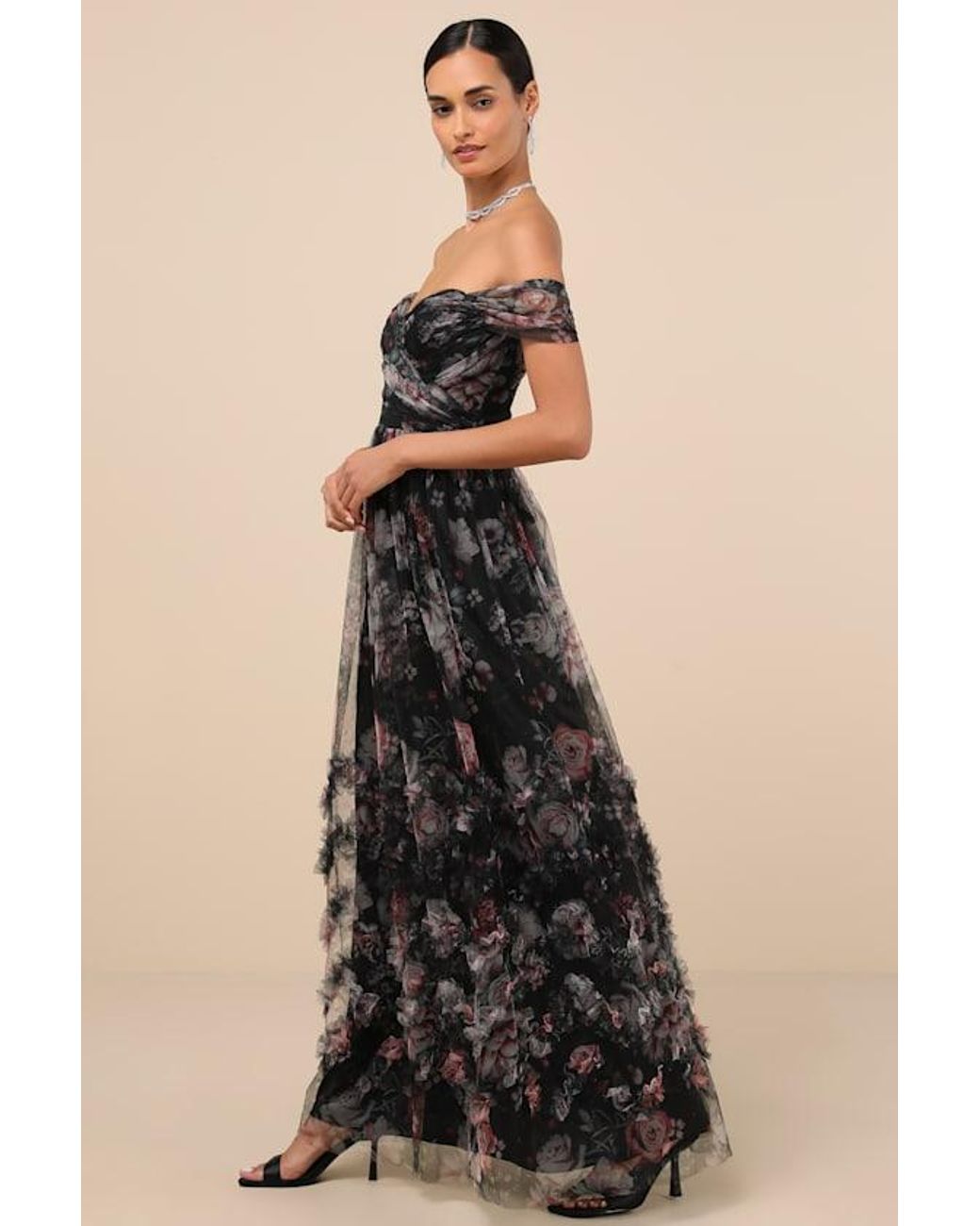 Lulus Green Ideal Beauty Floral Mesh Off-The-Shoulder Maxi Dress