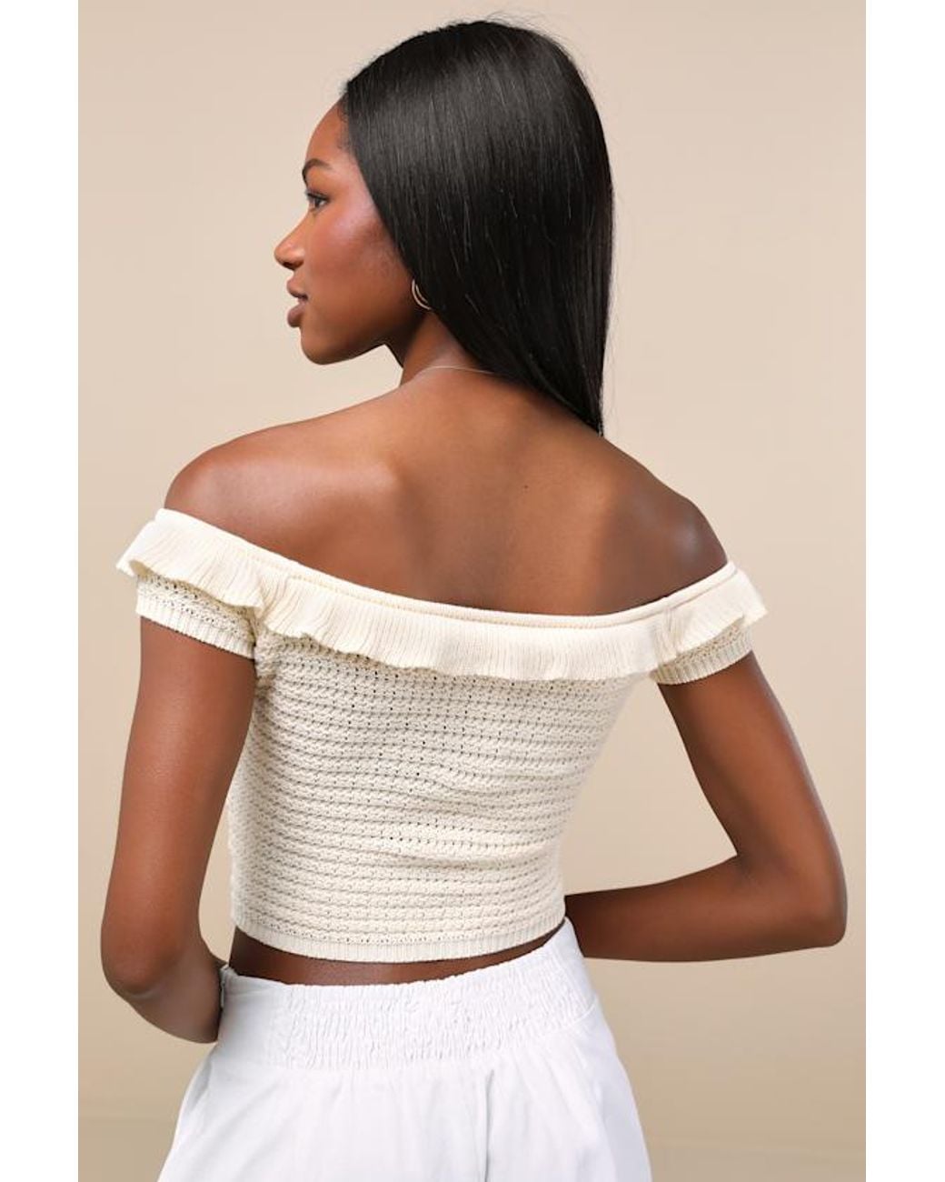 Lulus White Atarah Cream Open-Knit Off-The-Shoulder Sweater Top