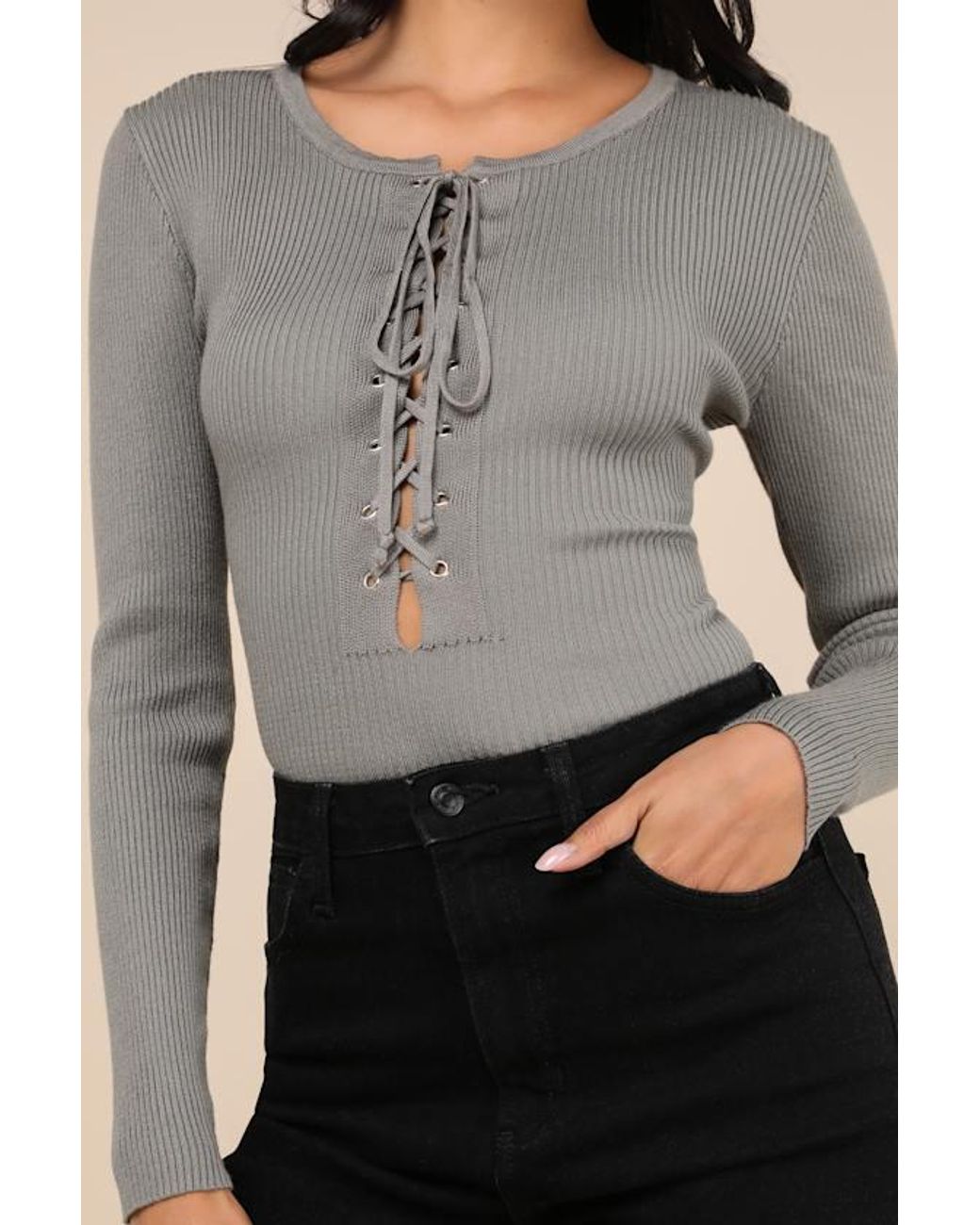 Lulus Gray Intriguing Favorite Lace-Up Sweater Top