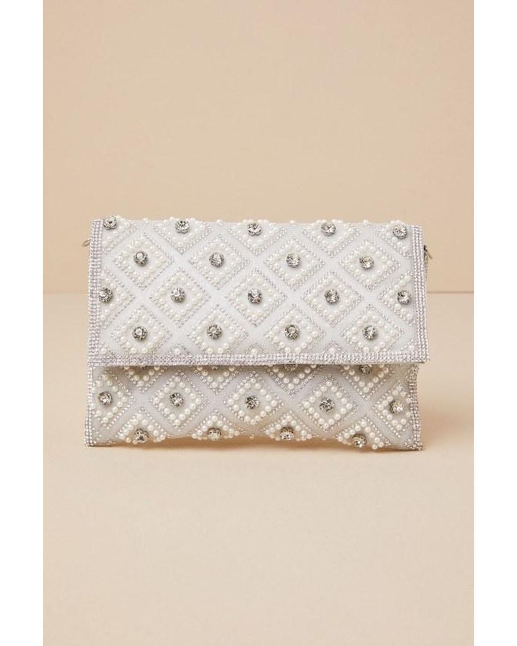Lulus Natural Sparkly Passion Rhinestone Pearl Clutch