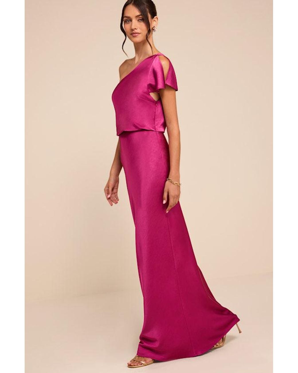 Lulus Pink Tamaya Satin One-Shoulder Maxi Dress