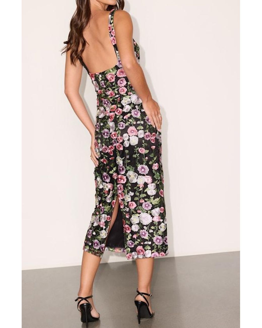 Lulus Pink Alette Multi Floral Embroidered Column Midi Dress
