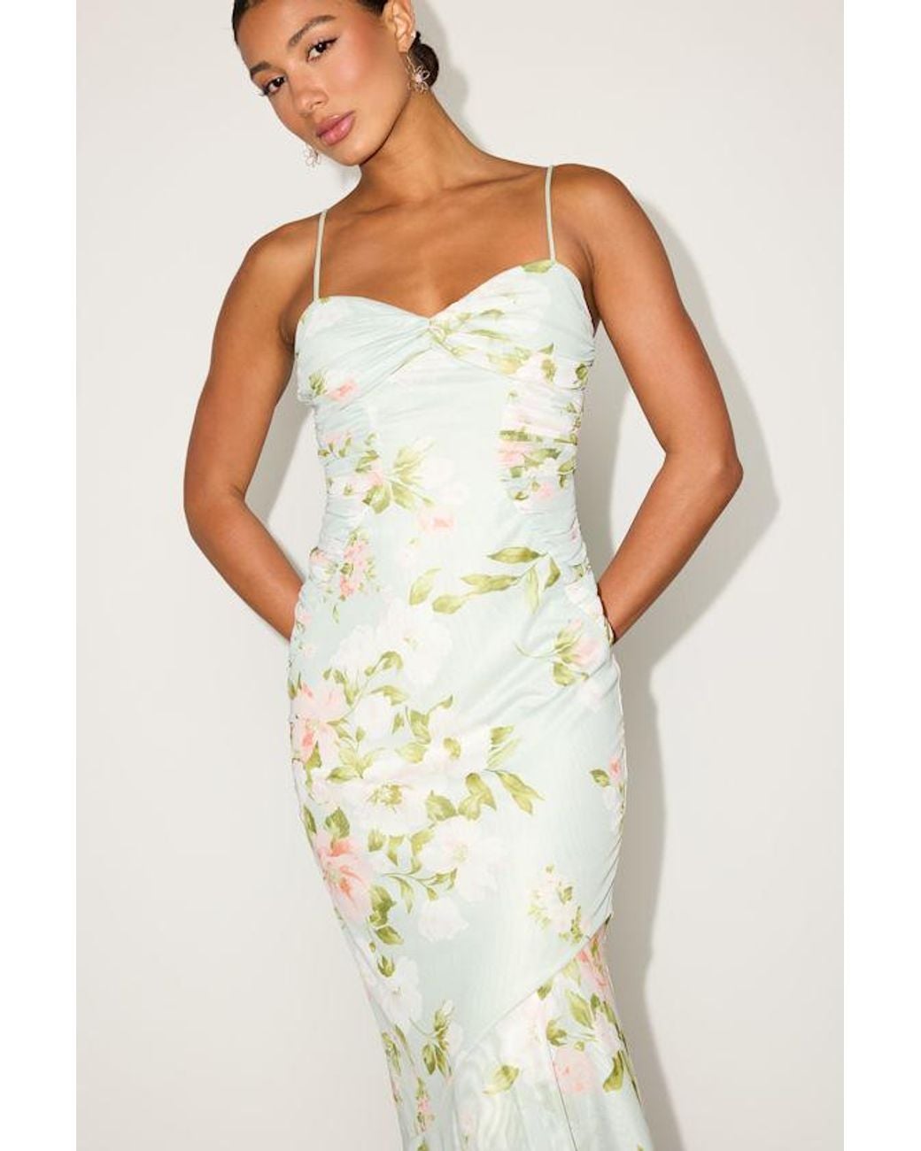 Lulus White Giorgina Sage Floral Mesh Gathered Trumpet Midi Dress