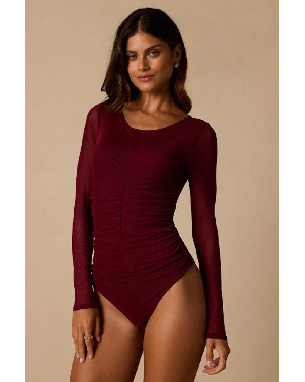 Lulus Red Everyday Luck Ruched Long Sleeve Bodysuit