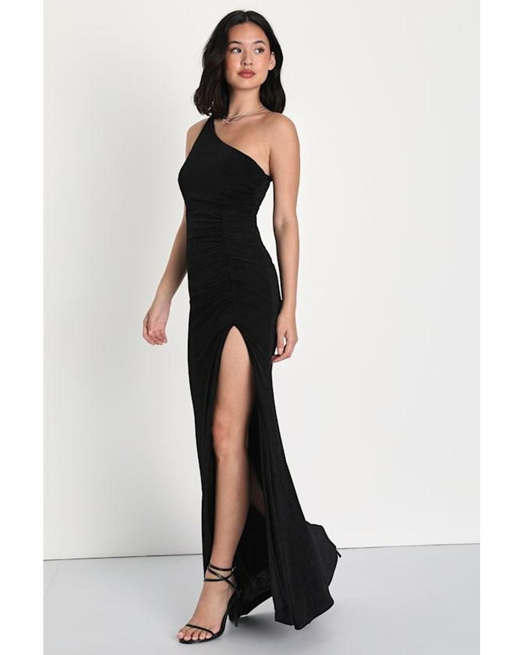 Lulus Black Especially Breathtaking Ruched One-Shoulder Maxi Dress