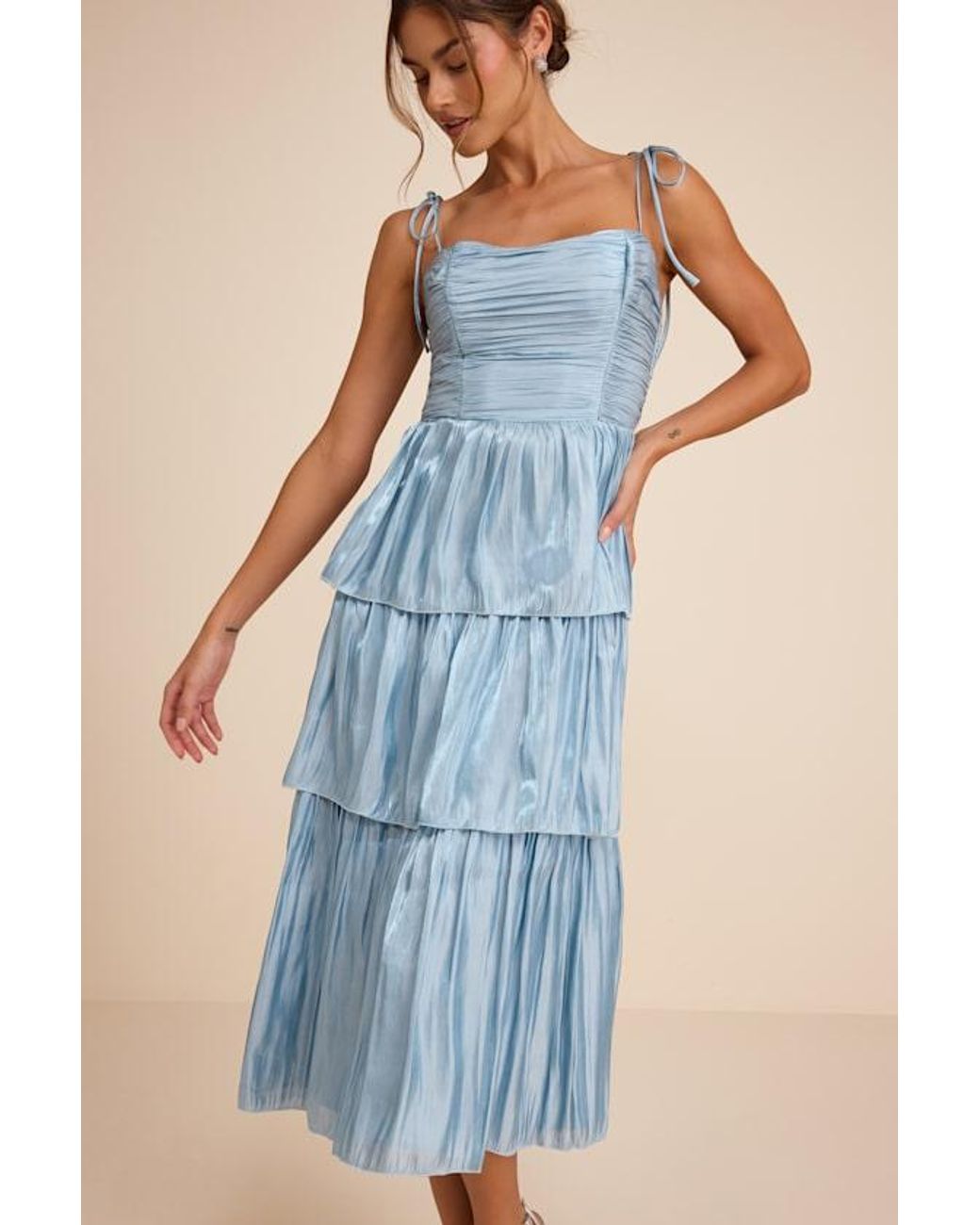 Lulus Blue Tennon Plisse Tiered Midi Dress