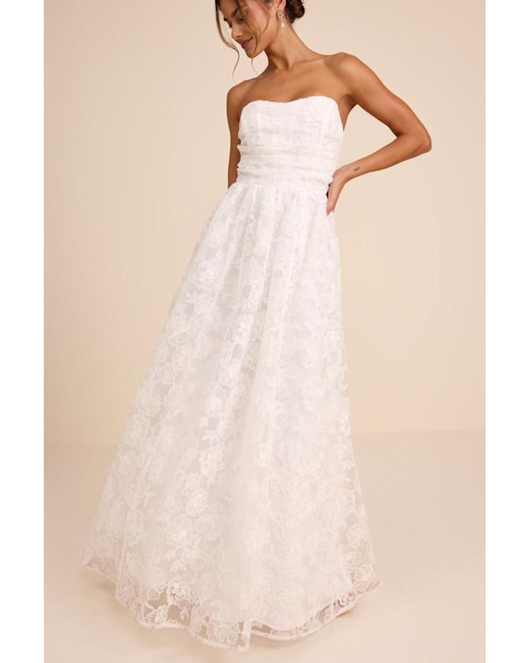 Lulus Natural Roslyn Embroidered Strapless Bustier Maxi Dress