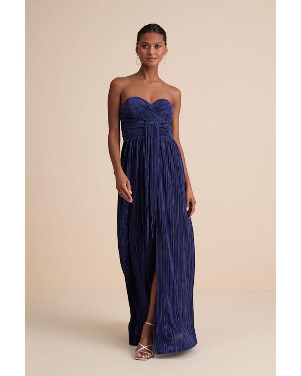 Lulus Blue Oswin Satin Plisse Strapless Maxi Dress