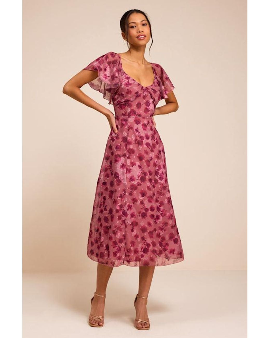 Lulus Pink Camillo Floral Jacquard Flutter Sleeve Midi Dress