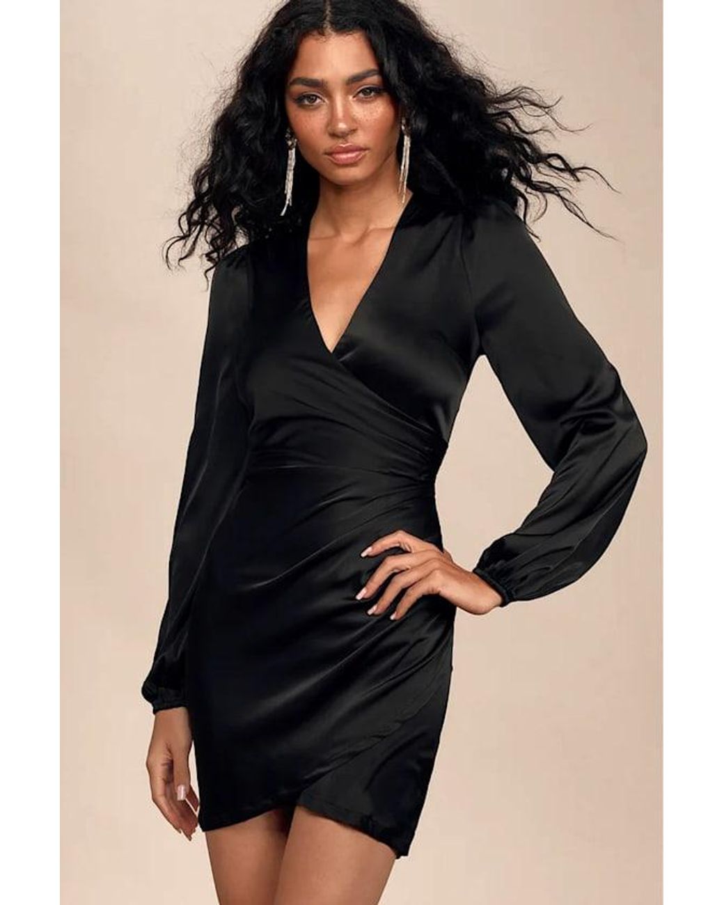 Lulus Blue Late Night Rendezvous Satin Long Sleeve Dress