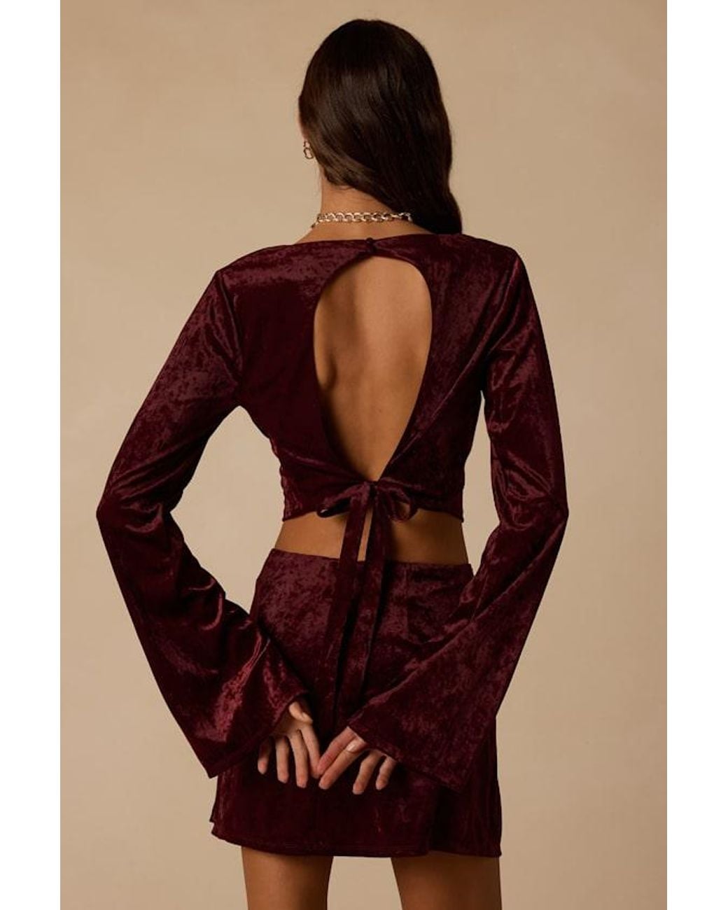 Lulus Red Talaria Velvet Cutout Long Sleeve Crop Top