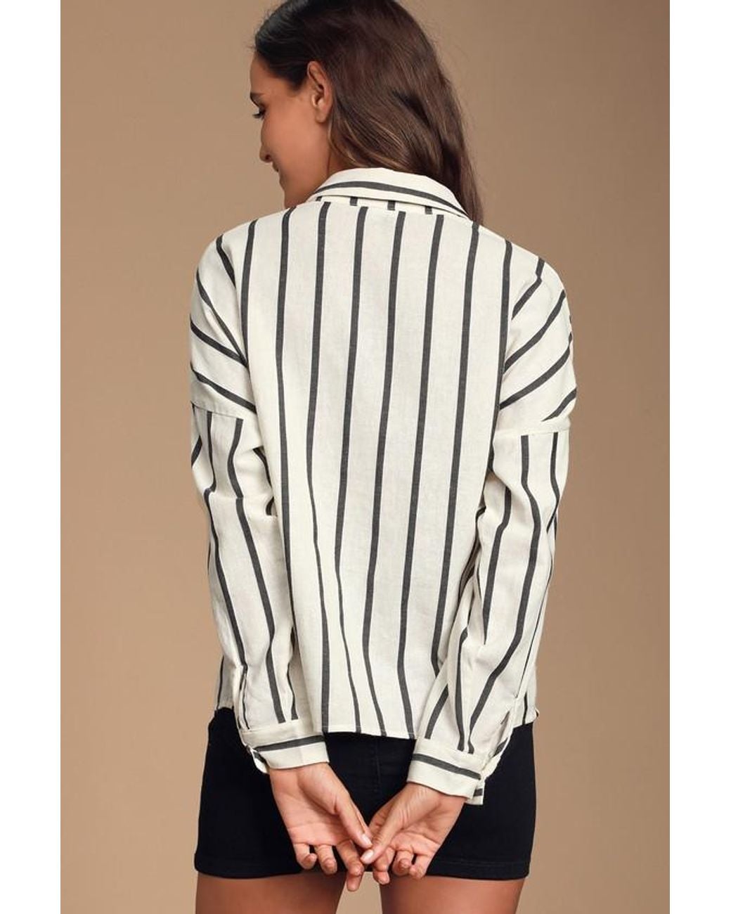 Lulus Black Amelia Dawn Off- Striped Long Sleeve Button-Up Top