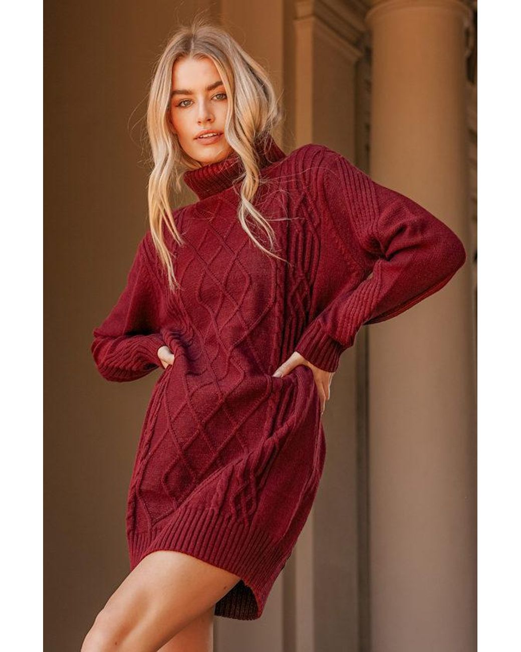 Lulus Red Cuddle Up Close Cable Knit Turtleneck Sweater Dress