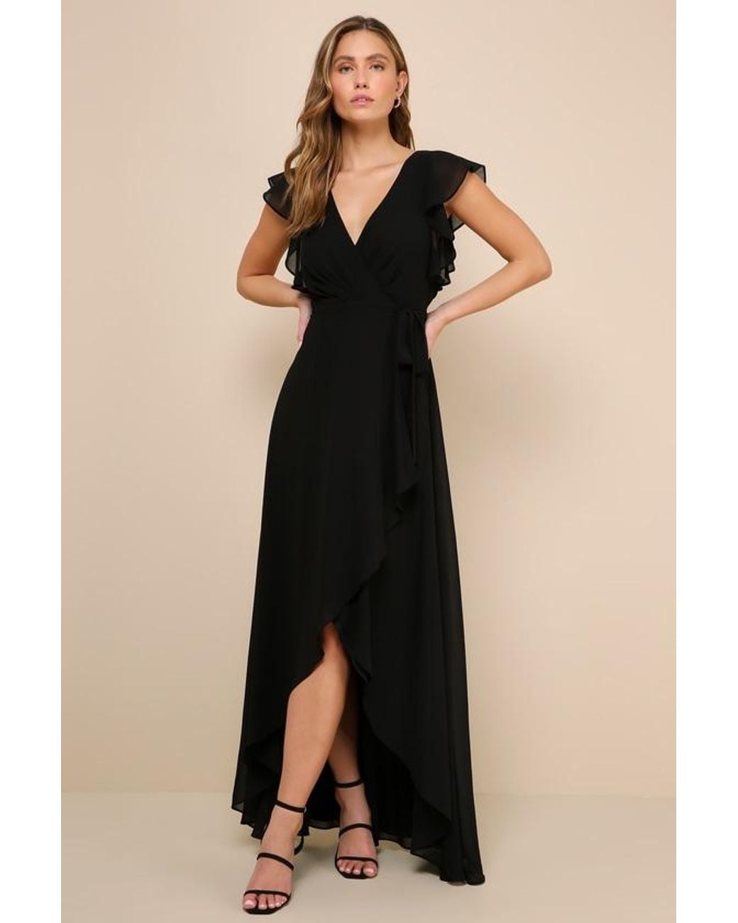 Lulus Black Ravishing Charm Ruffled Wrap High-Low Maxi Dress