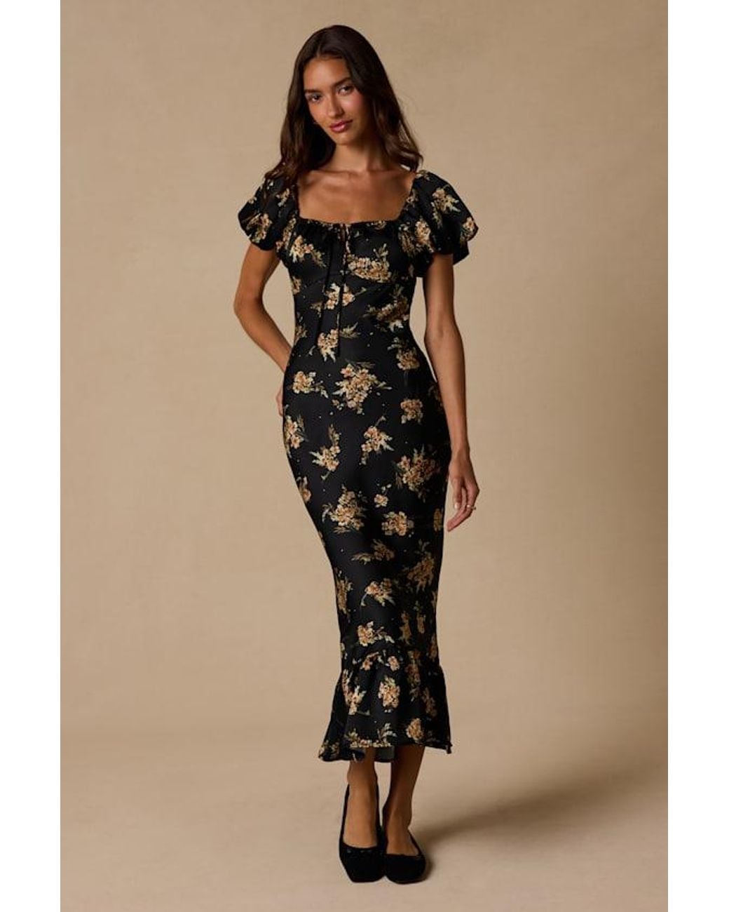 Lulus Black Remarkably Flourishing Floral Puff Sleeve Midi Dress