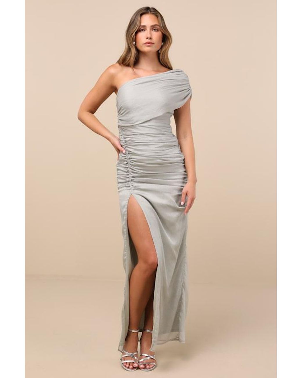 Lulus Kyleah Ruched One-Shoulder Maxi Dress in Gray | Lyst