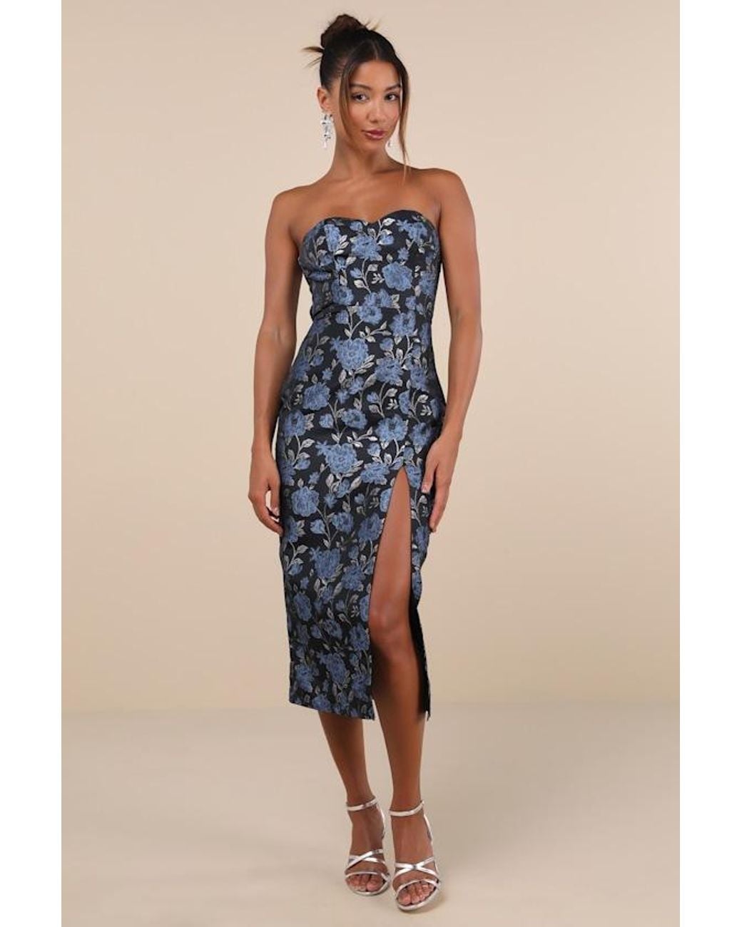 Lulus Beloved Belle Multi Jacquard Strapless Bow Midi Dress in Blue | Lyst