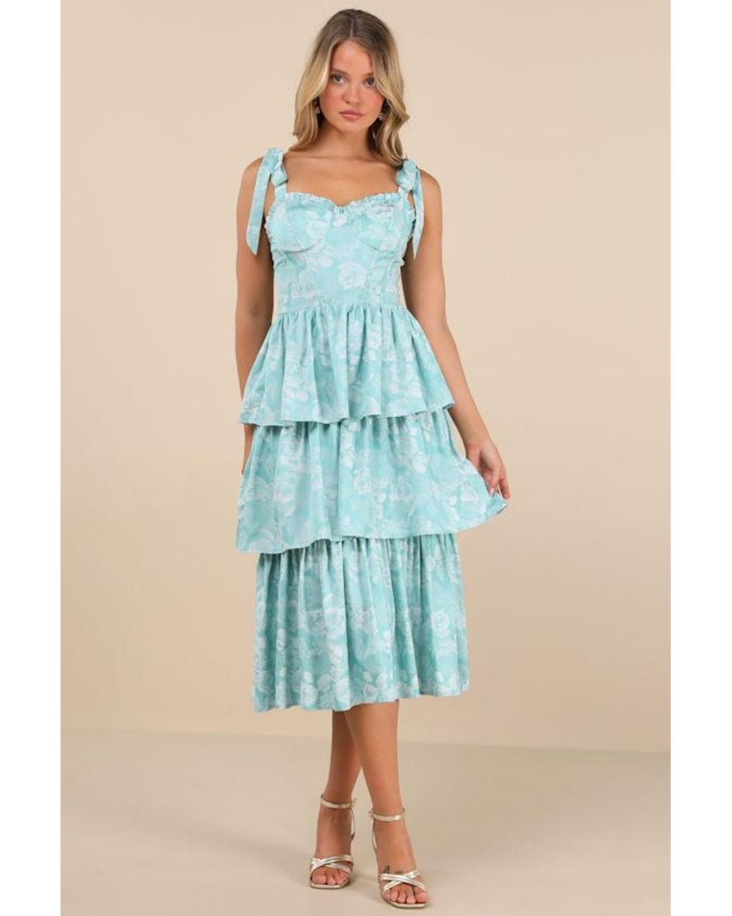 Lulus Blue Lovely Bliss Aqua Floral Jacquard Strapless Bustier Midi Dress