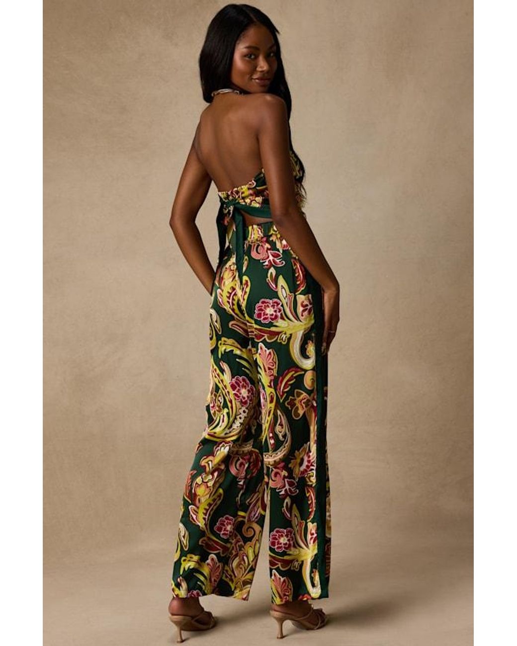 Lulus Green Marissa Boho Satin Tie-Back Two-Piece Jumpsuit