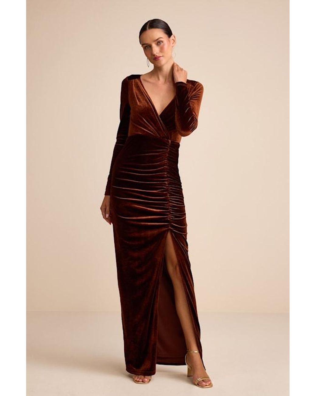 Lulus Natural Yasna Velvet Ruched Surplice Long Sleeve Maxi Dress