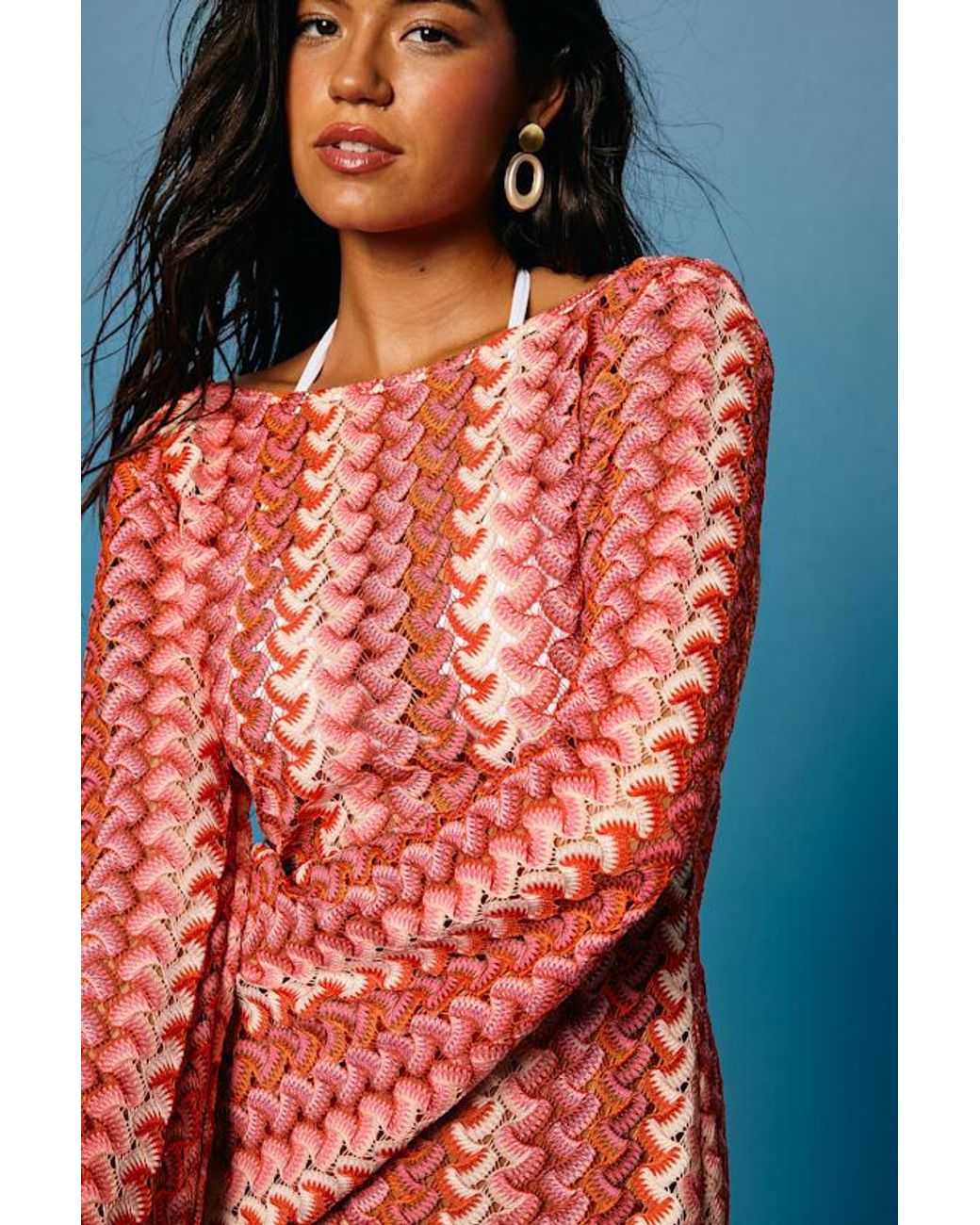 Lulus Blue Valestra Striped Crochet Long Sleeve Swim Cover-Up Dress