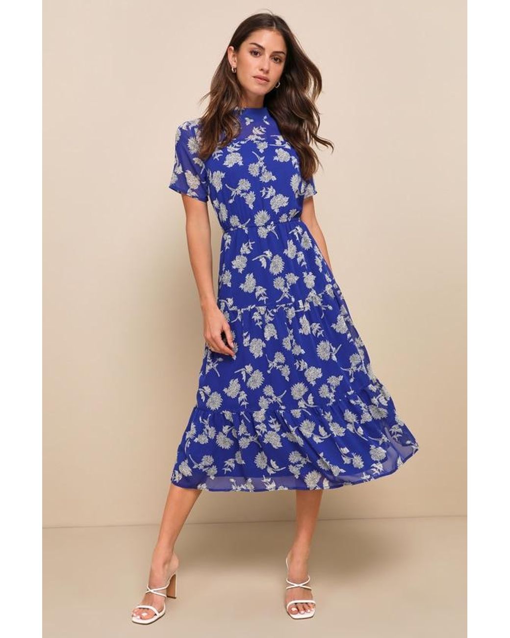 Lulus Blue Floral Dressed Up Floral Print Midi Dress