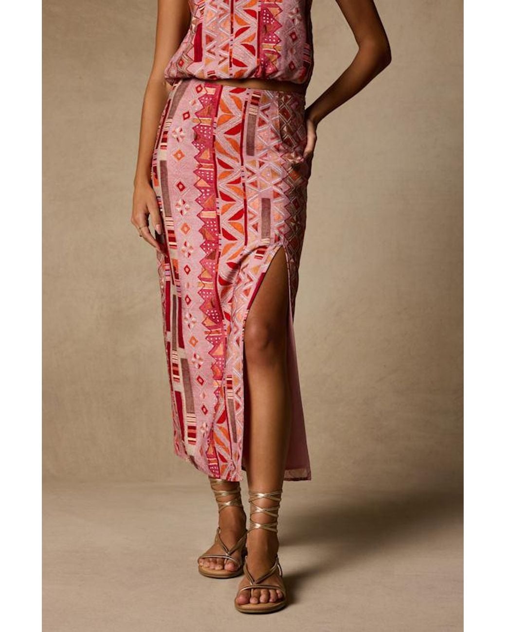 Lulus Natural Lindley Multi Boho Print Midi Skirt