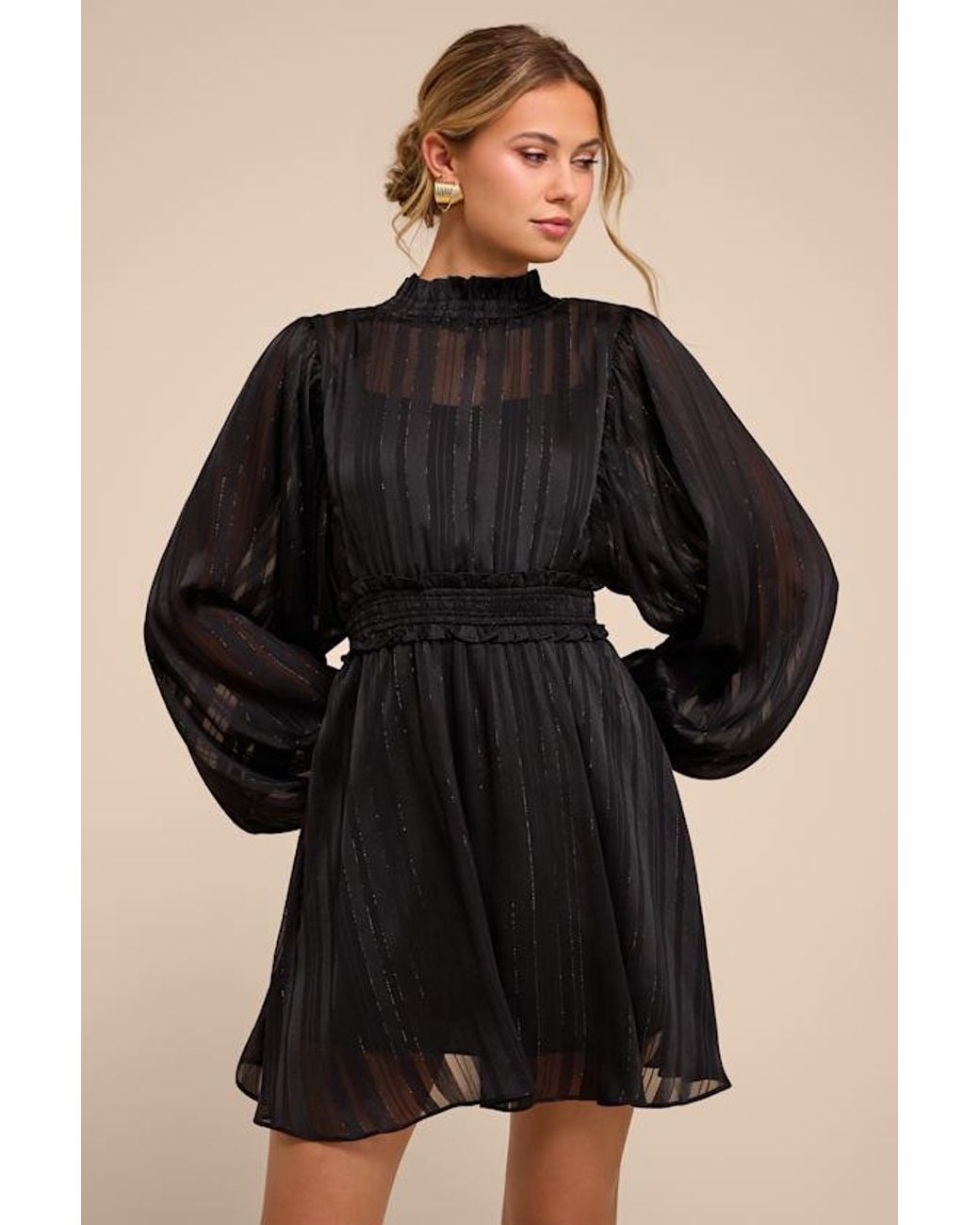 Lulus Black Andie Striped Mock Neck Mini Dress