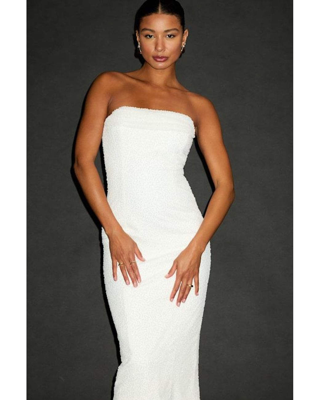 Lulus Natural Catriona Beaded Cowl Neck Strapless Midi Dress