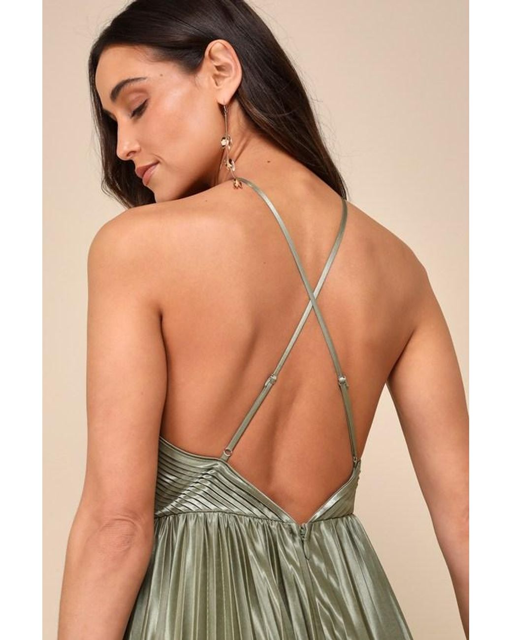 Lulus Green Elaborate Charm Satin Pleated Backless Maxi Dress