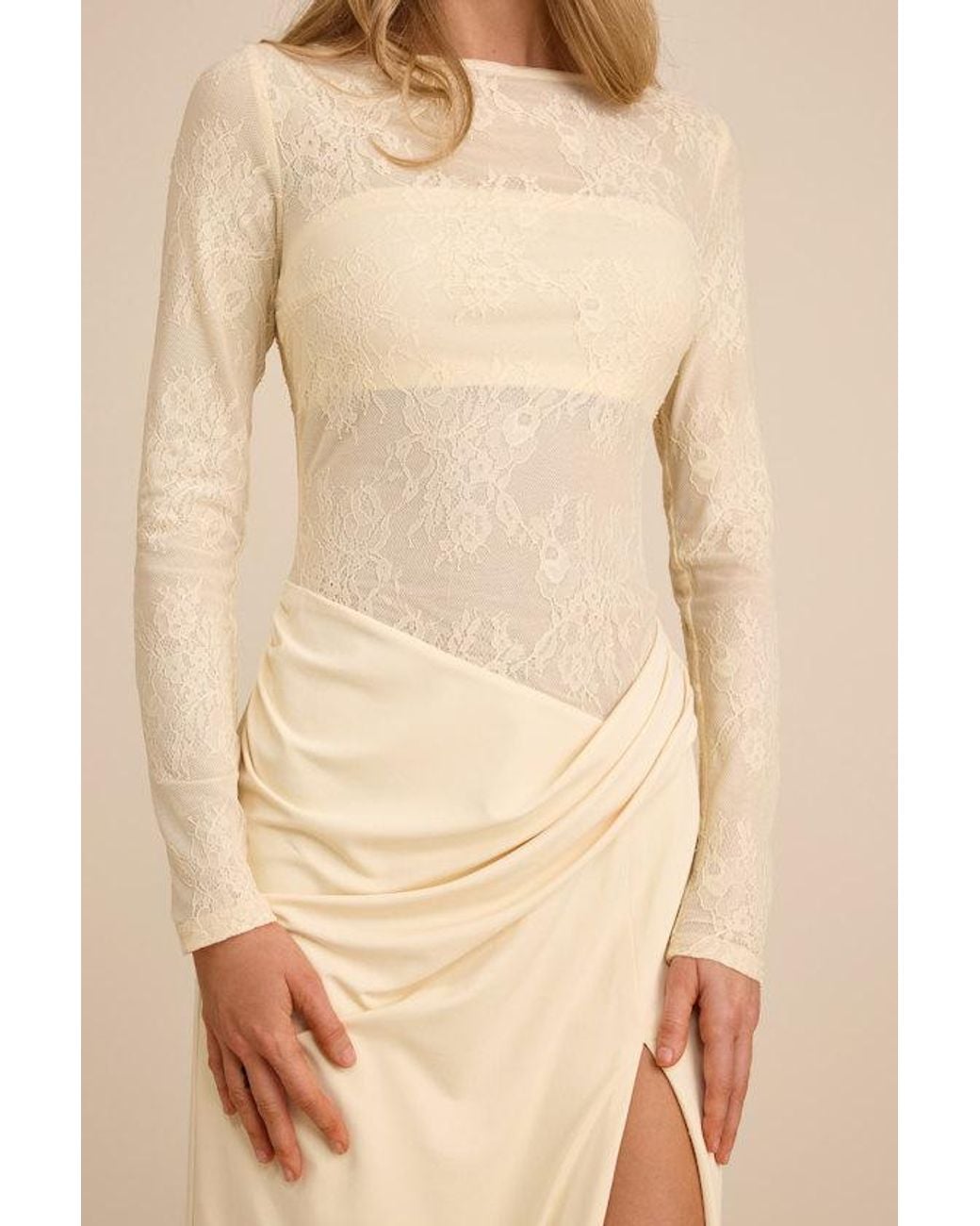 Lulus Natural Nadina Pale Lace Long Sleeve Maxi Dress