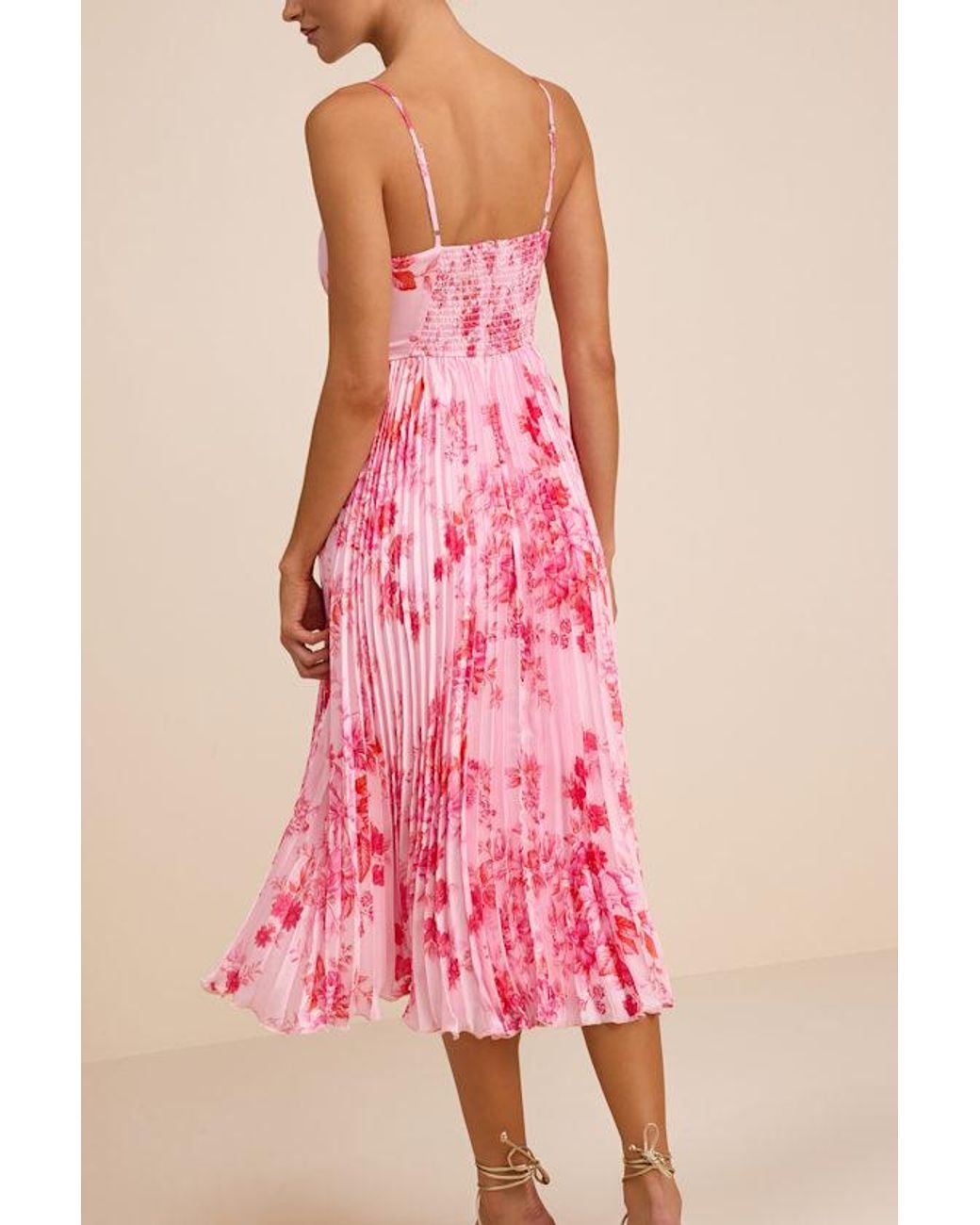 Lulus Pink Francette Floral Satin Pleated Midi Dress