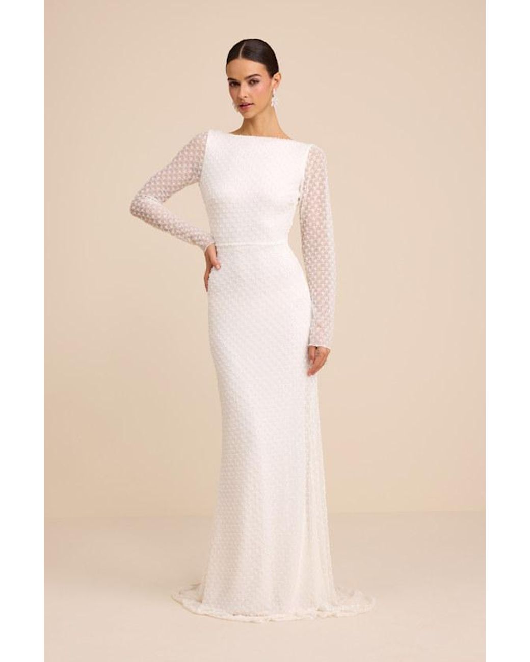 Lulus Natural Mariani Sequin Beaded Backless Long Sleeve Maxi Dress