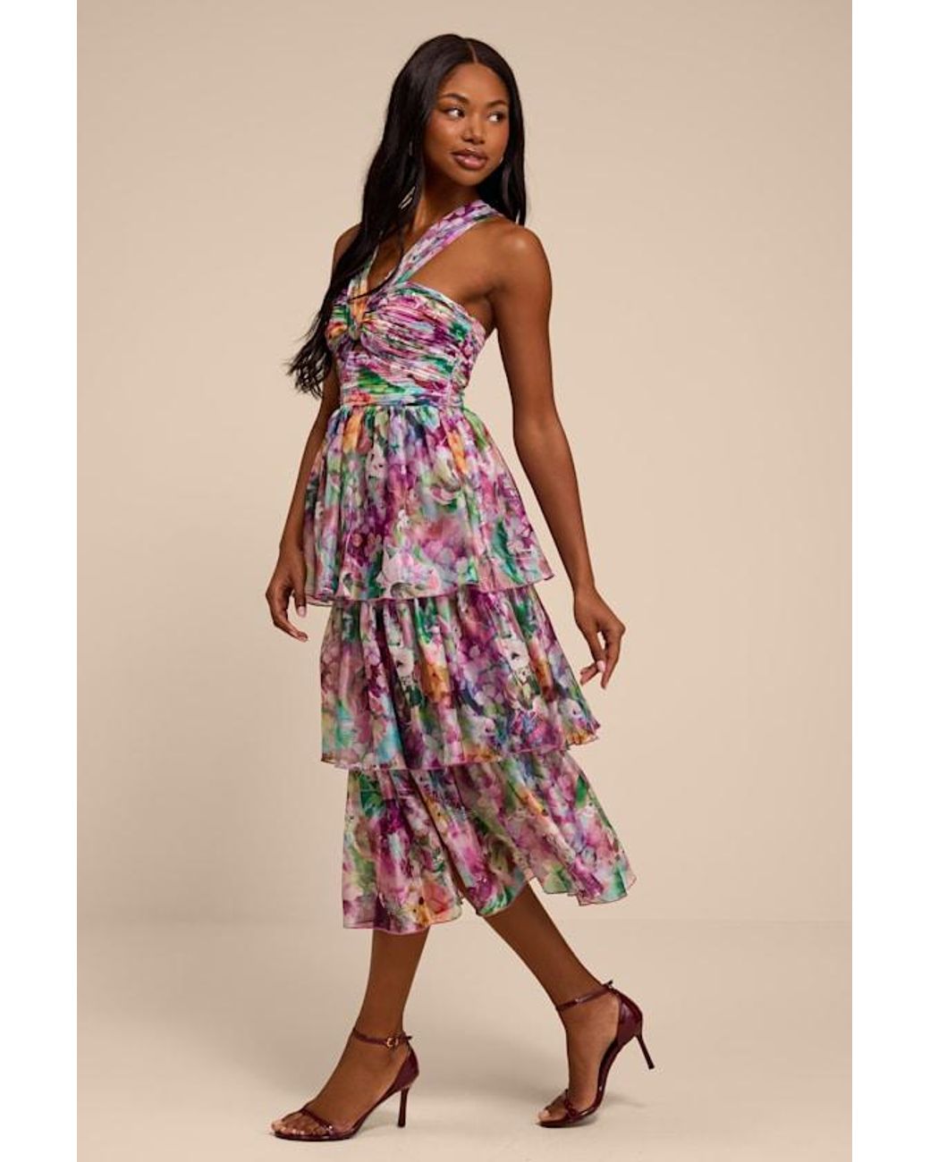 Lulus Pink Dayanara Multi Floral Organza Tiered Midi Dress