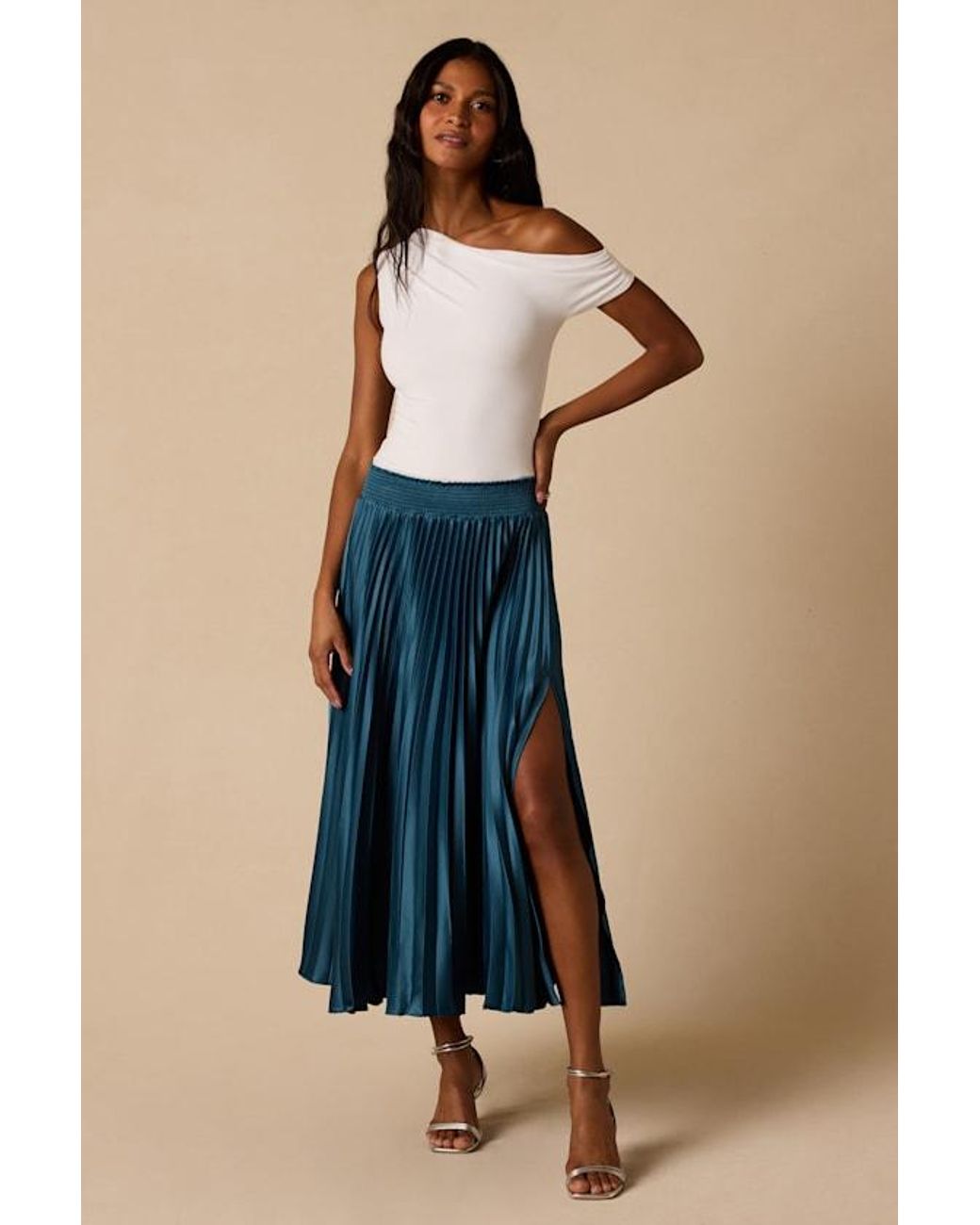 Lulus Blue Sophisticated Vision Satin Pleated Midi Skirt