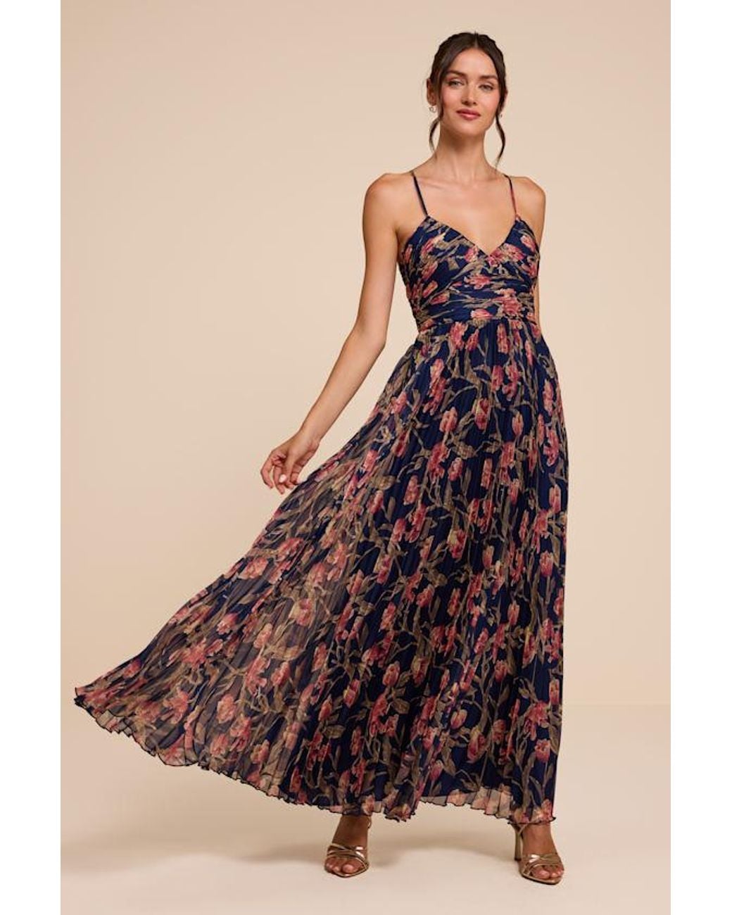 Lulus Blue Rebena Multi Floral Pleated Maxi Dress