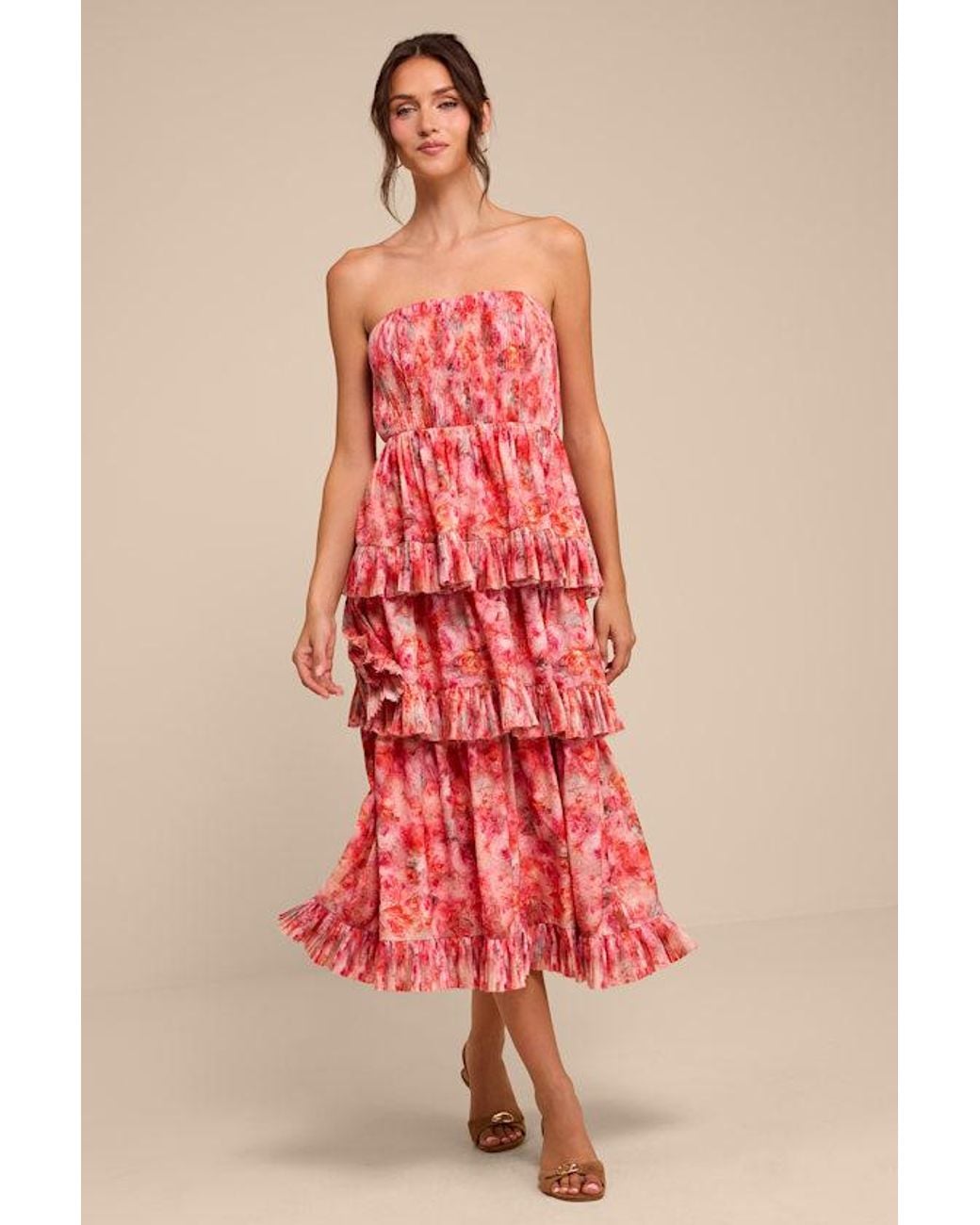 Lulus Lou Multi Floral Tiered Midi Dress
