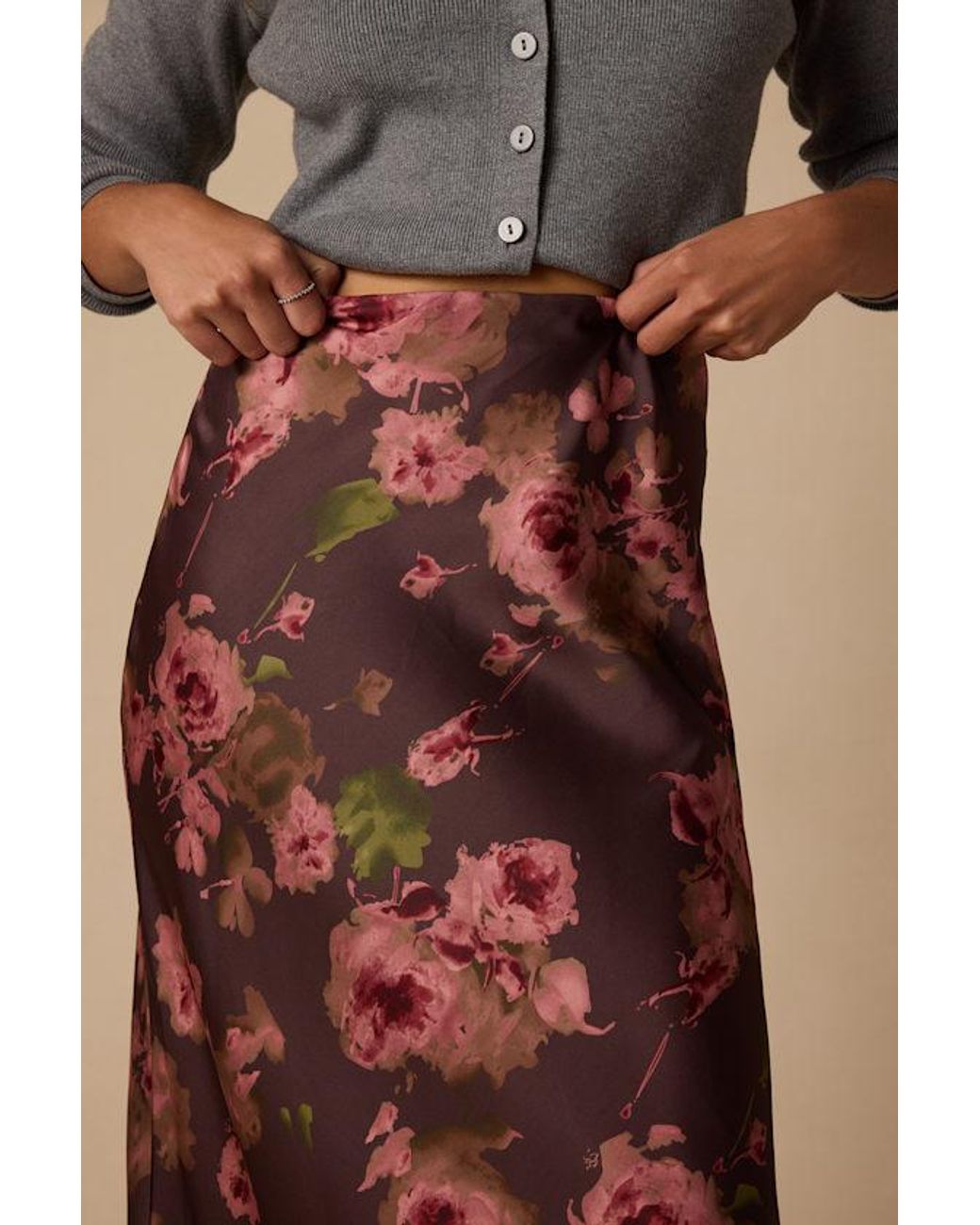Lulus Brown Binny Plum Floral Print Satin Maxi Skirt