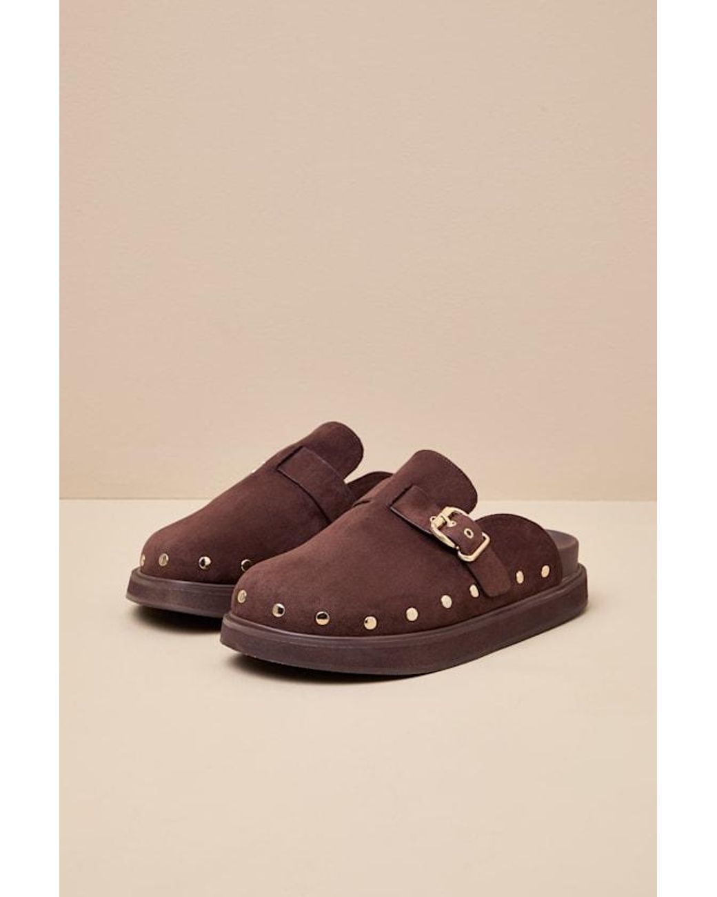 Lulus Black Tripoli Coffee Suede Studded Slide-On Clogs