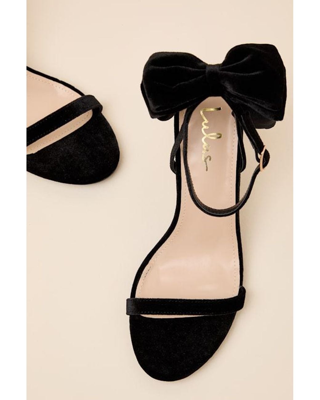 Lulus Black Allianna Velvet Bow High Heel Ankle Strap Sandals