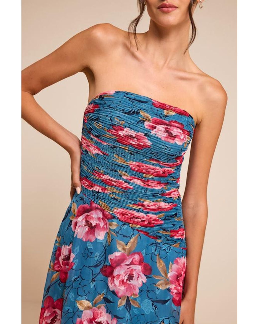 Lulus Blue Tanya Multi Satin Pleated Maxi Dress